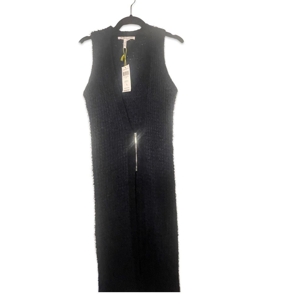 BCBG Blue/Black Shag Mid Zip Sweater Vest size small NWT